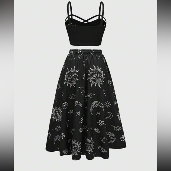 Plus Size Black Goth Galaxy Women's Tank Top And Elastic Waist Midi Skirt Set - Picture 2 of 9